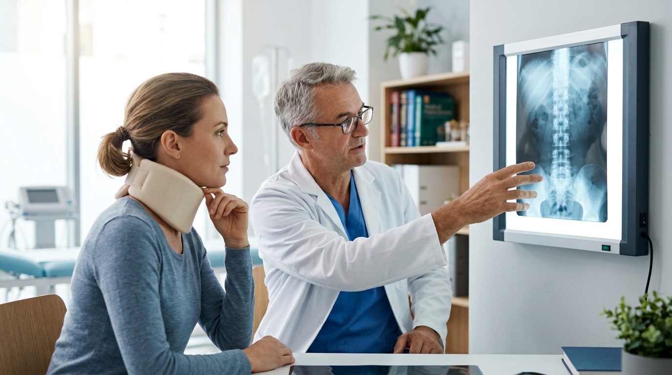 Patient in neck collar discussing spine X-rays with spinal surgeon during consultation.