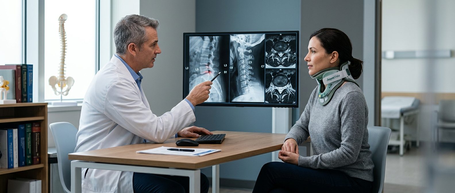 Patient in neck collar discussing spine X-rays with spinal surgeon during consultation.
