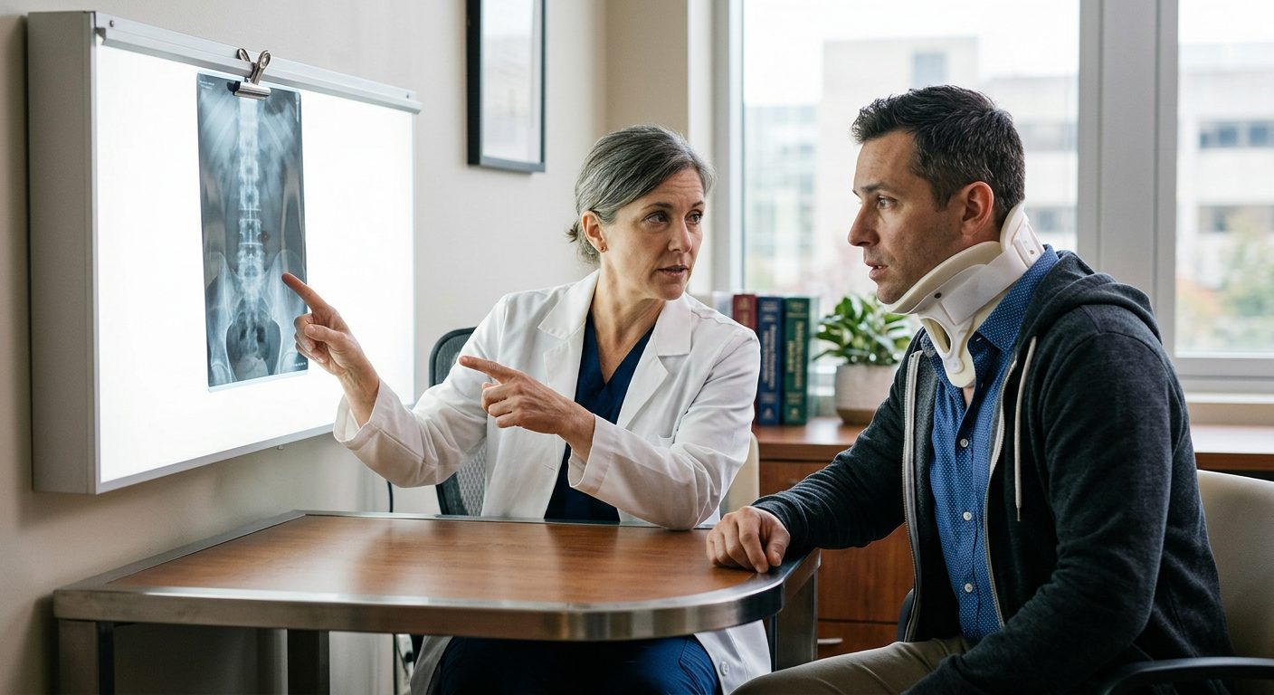 Patient in neck collar discussing spine X-rays with spinal surgeon in consultation room.