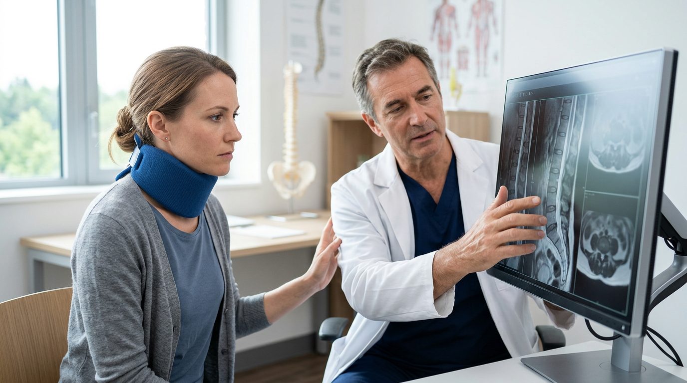Patient in neck collar discussing spine X-rays with spinal surgeon during consultation.