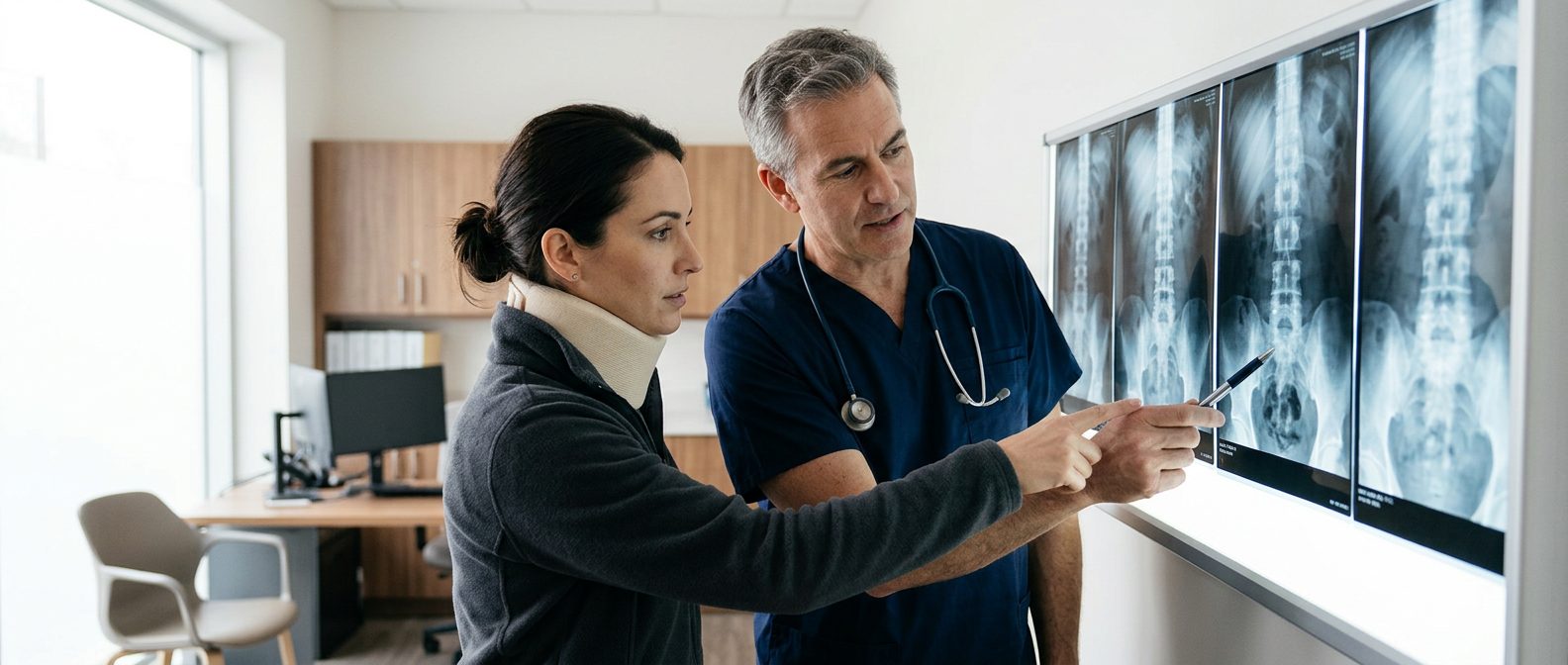 Patient in neck collar discussing spine X-rays with spinal surgeon during consultation.