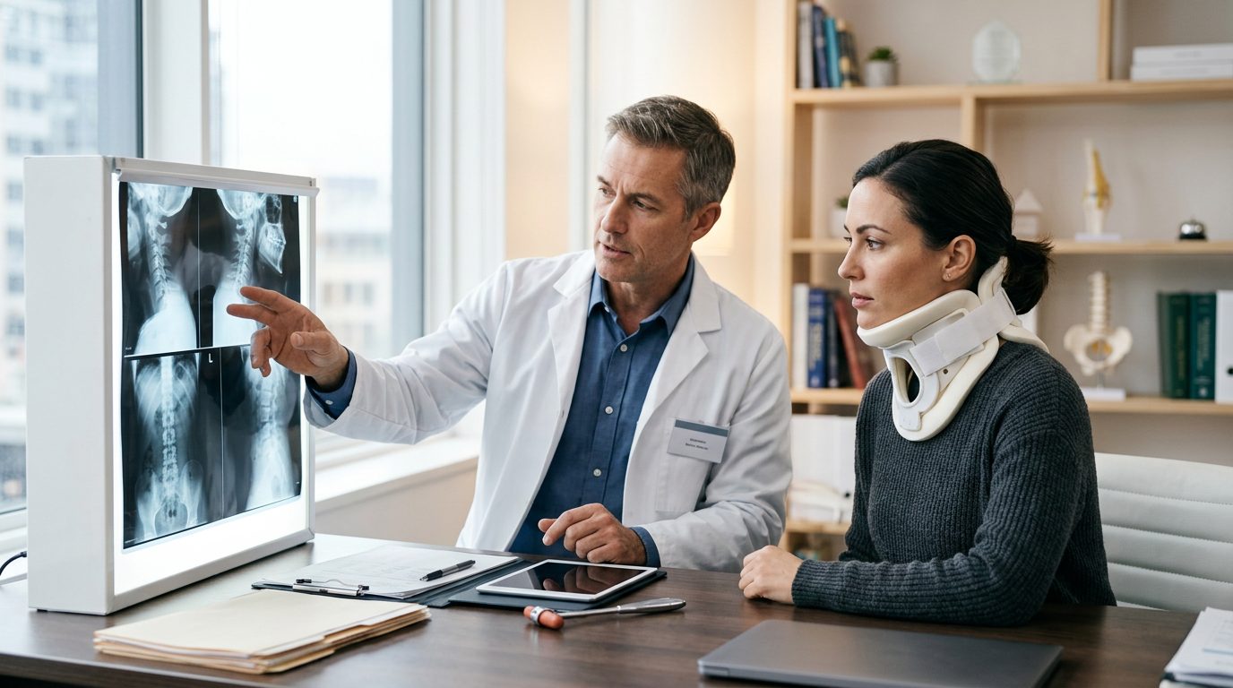 Patient in neck collar reviewing spine X-rays with a spinal surgeon during consultation.