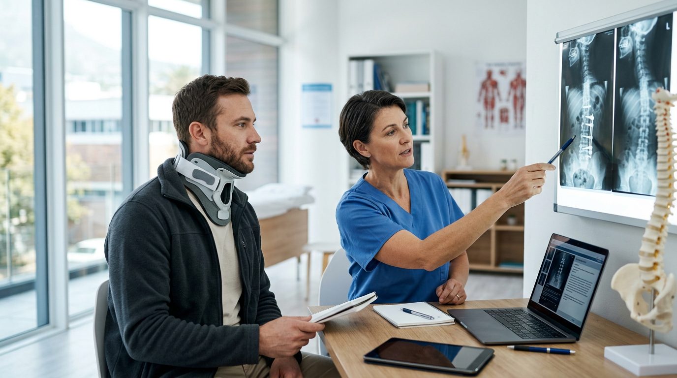 Person in cervical collar discussing spine X-rays with a spinal surgeon in a consultation room.