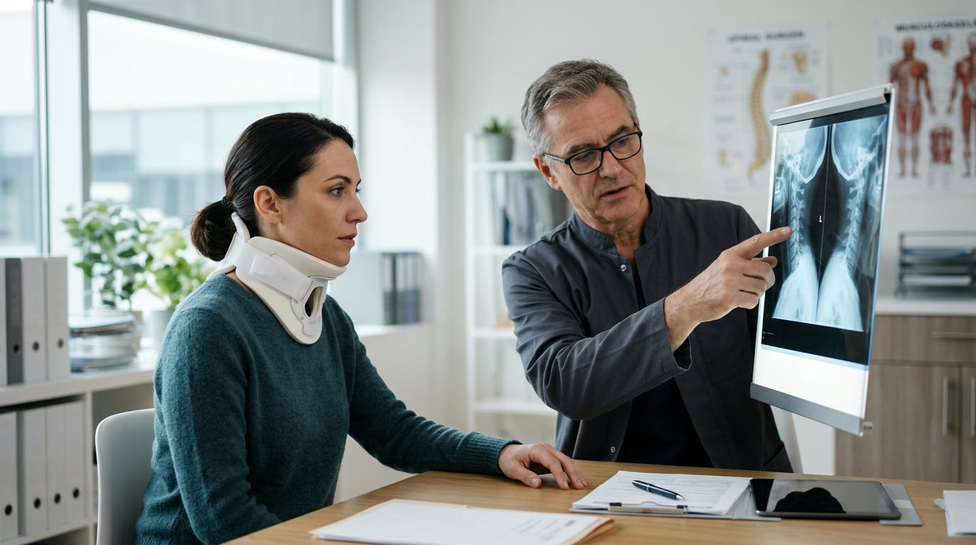 Person in cervical collar reviewing spine X-rays with a spinal surgeon during consultation.