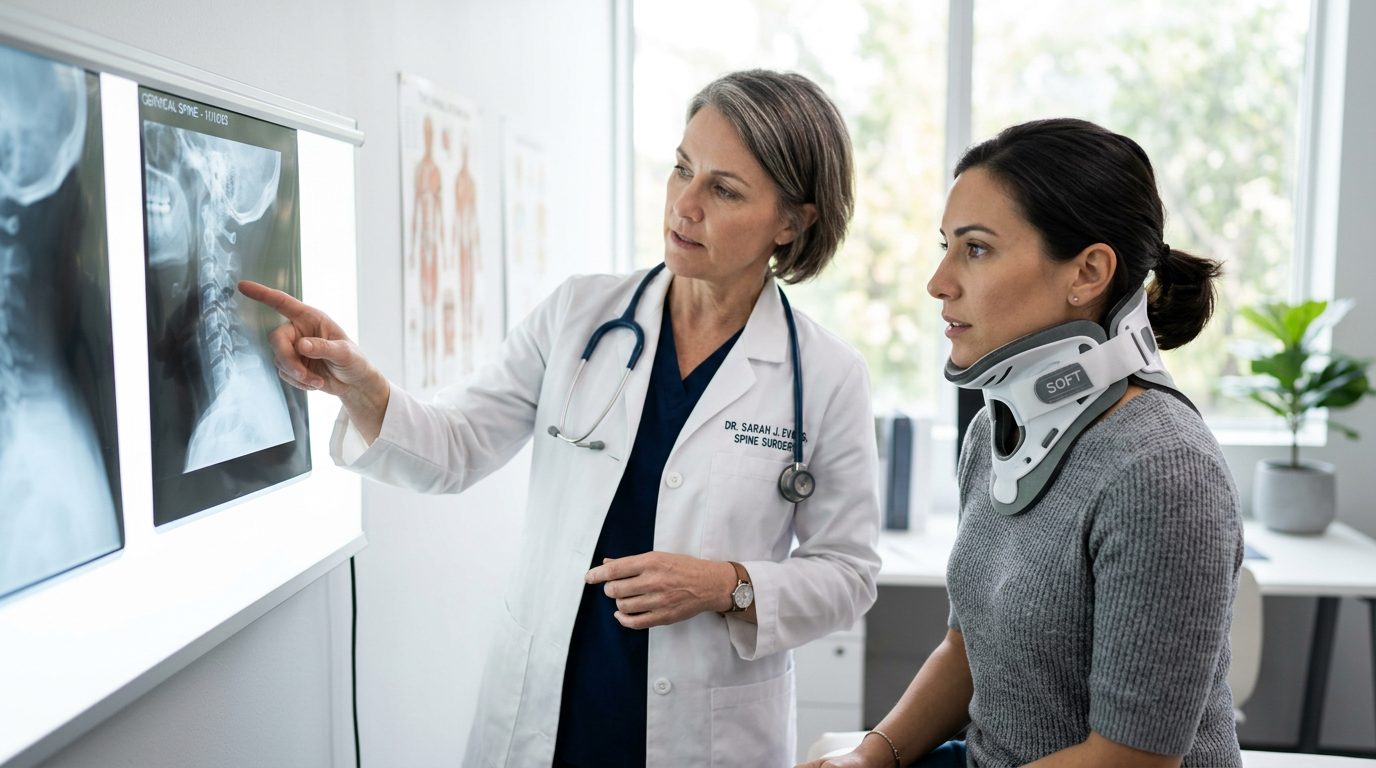 Person in cervical collar reviewing spine X-rays with a spinal surgeon.