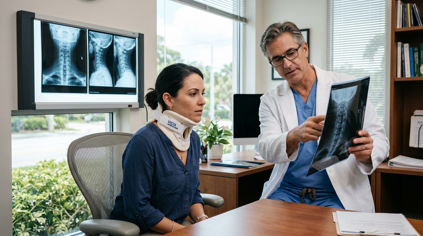 Person in cervical collar reviewing spine X-rays with a spinal surgeon during consultation.