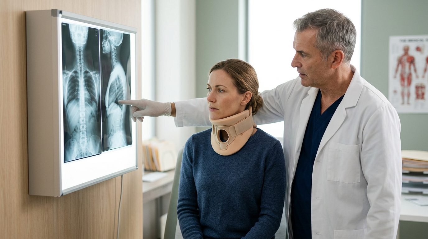 Person in cervical collar reviewing spine X-rays with a spinal surgeon during consultation.
