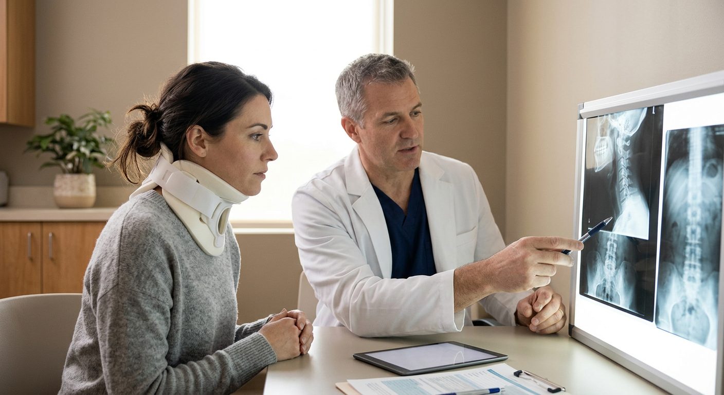 Person in cervical collar reviewing spine X-rays with spinal surgeon during consultation.