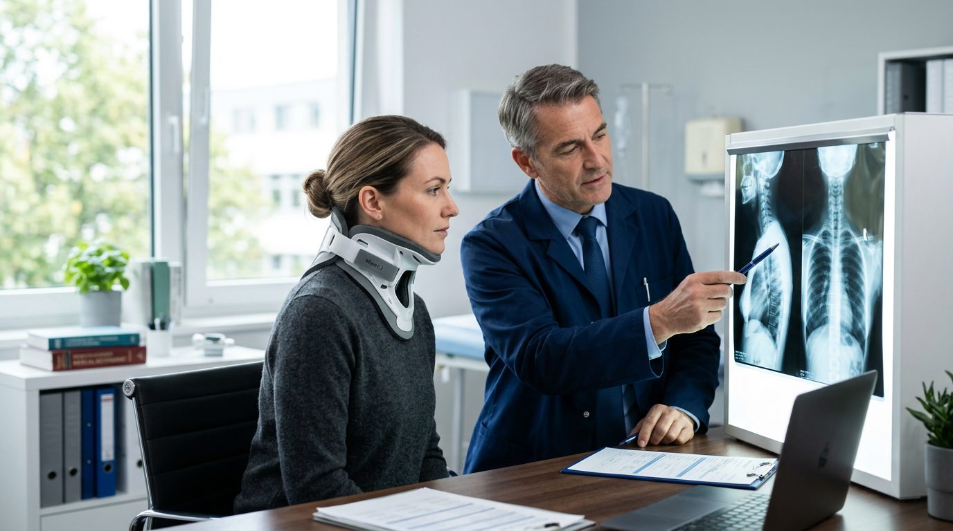 Person in cervical collar reviewing spine X-rays with spinal surgeon during consultation.