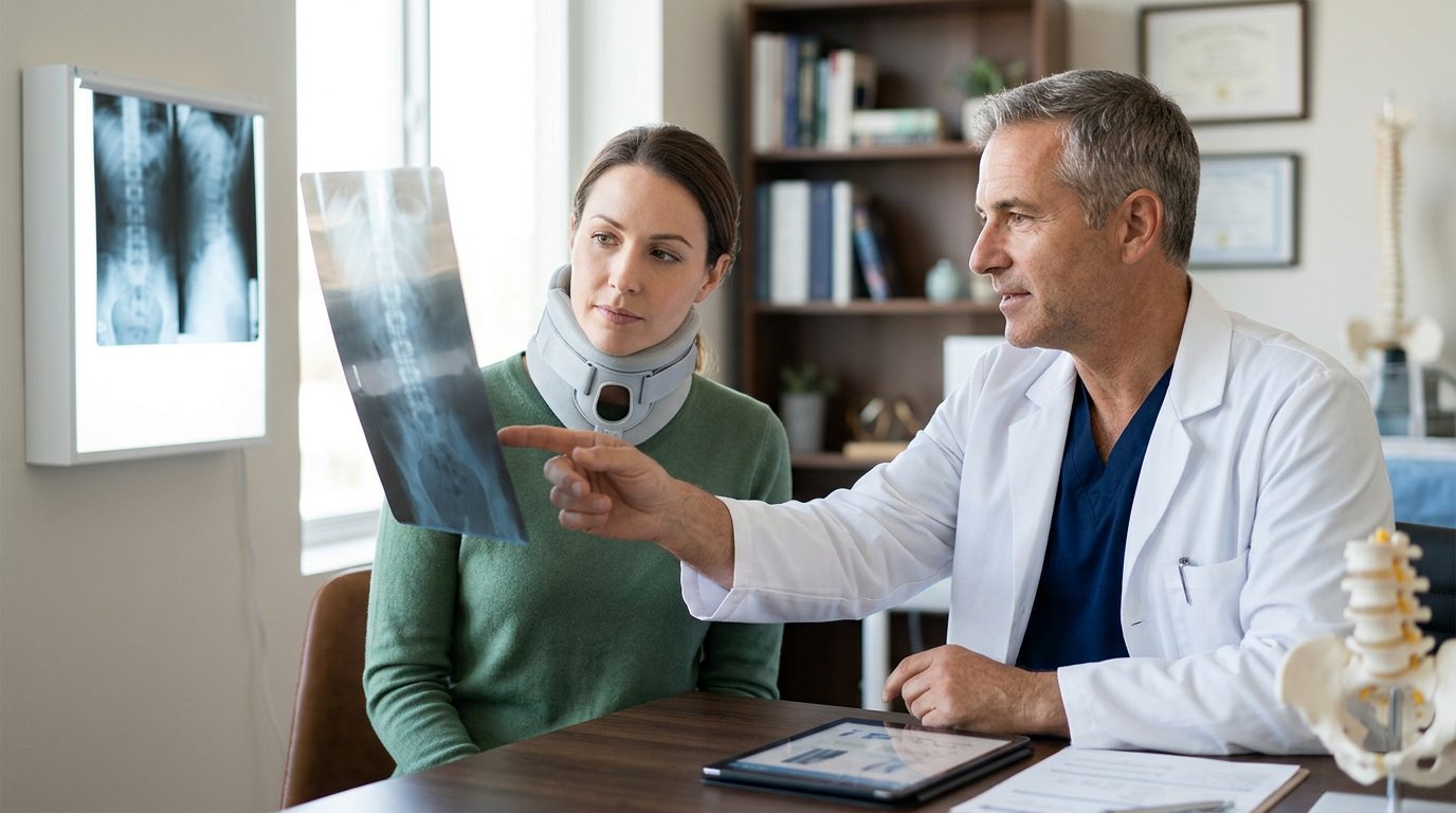 Person in neck brace reviewing spine X-rays with a spinal surgeon in consultation room.