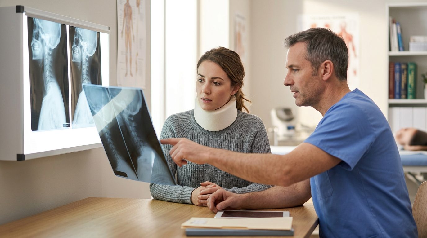 Person in neck brace reviewing spine X-rays with doctor during consultation.
