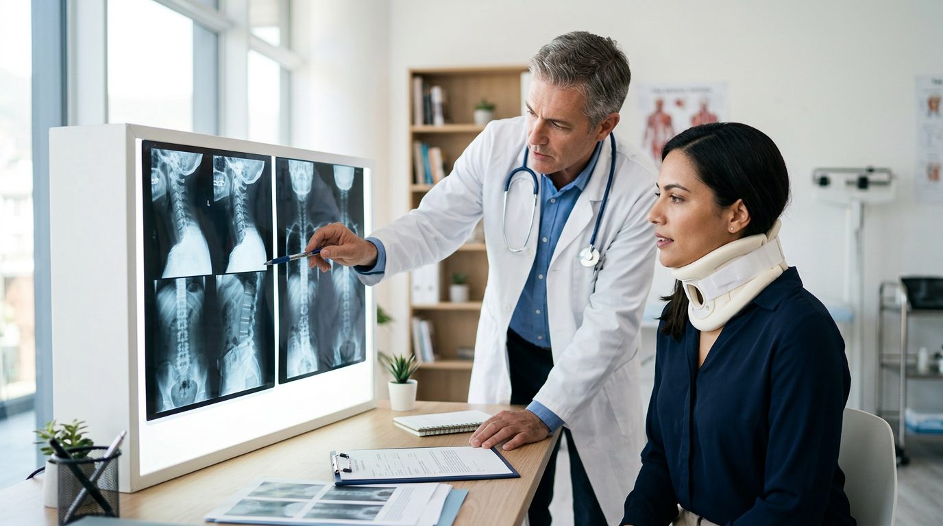 Person in neck brace reviewing spine X-rays with spinal surgeon during consultation.