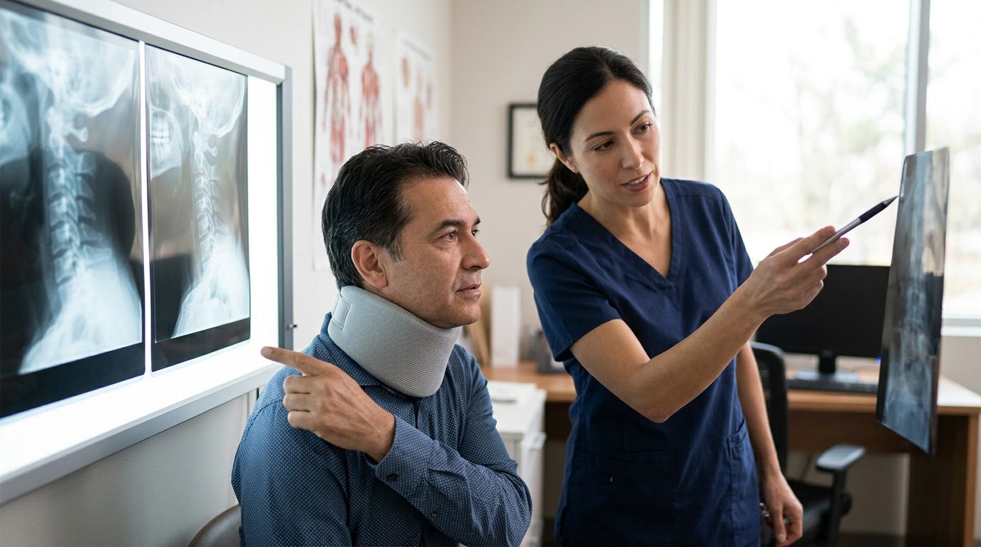 Person in neck brace reviewing spine X-rays with spinal surgeon in medical office.
