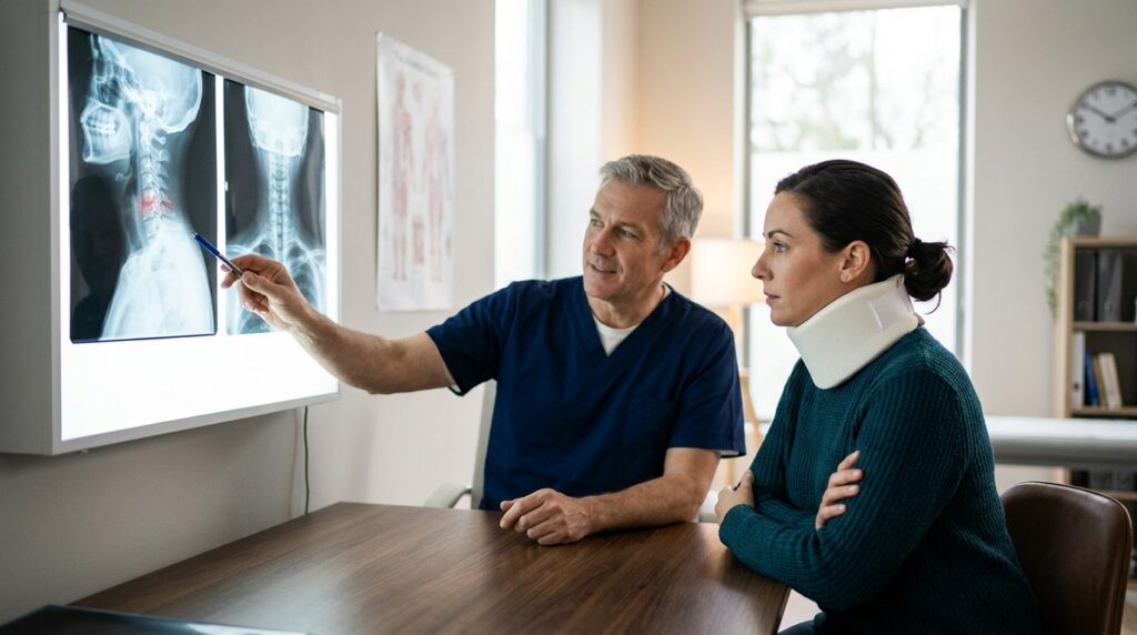 Person in neck brace reviewing spine X-rays with surgeon during consultation.