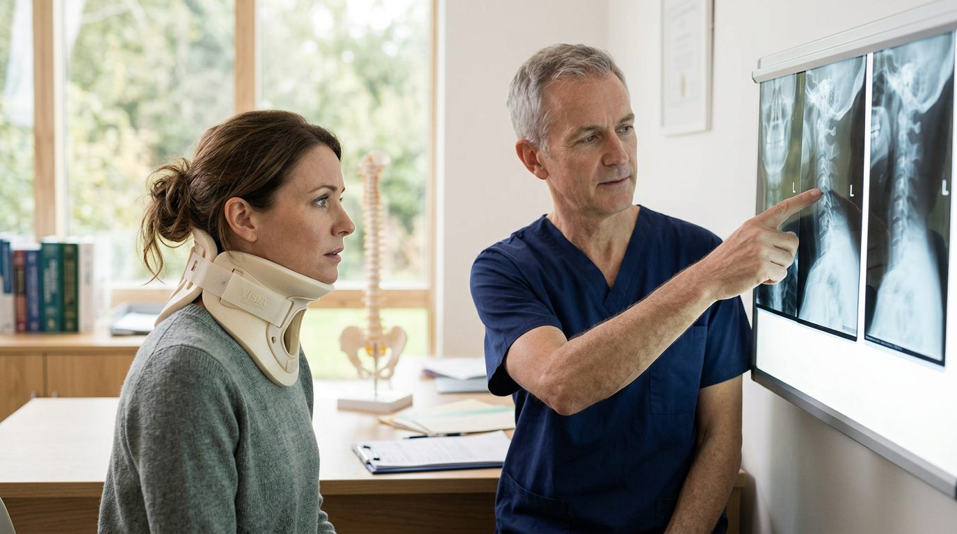 Person in neck collar discussing spine X-rays with a spinal surgeon in consultation room.
