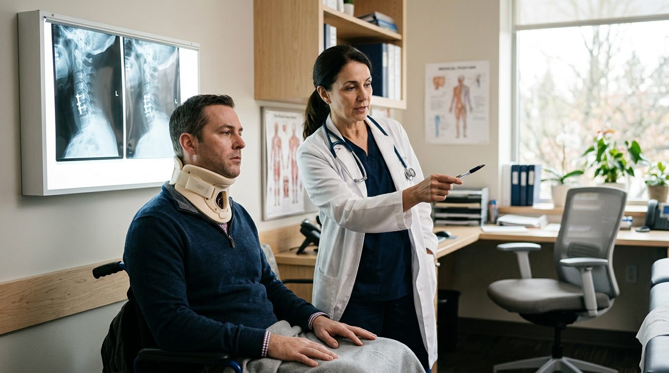 Person in neck collar discussing spine X-rays with spinal surgeon in consultation room.