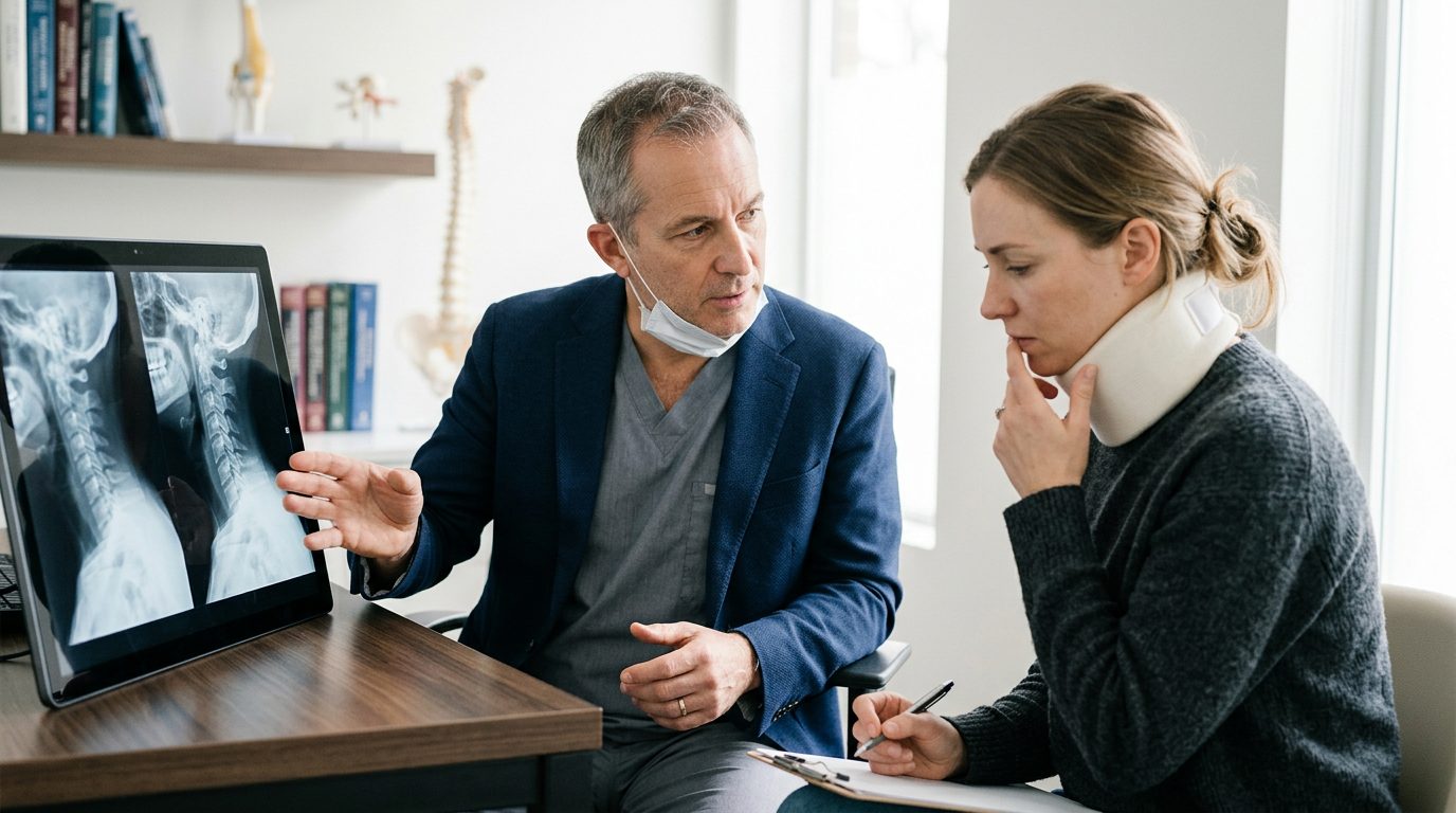 Person in neck collar discussing spine X-rays with surgeon during consultation.