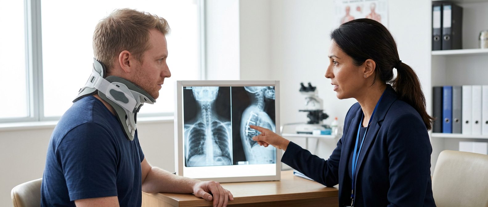 Person in neck collar reviewing spine X-rays with a spinal surgeon during consultation.