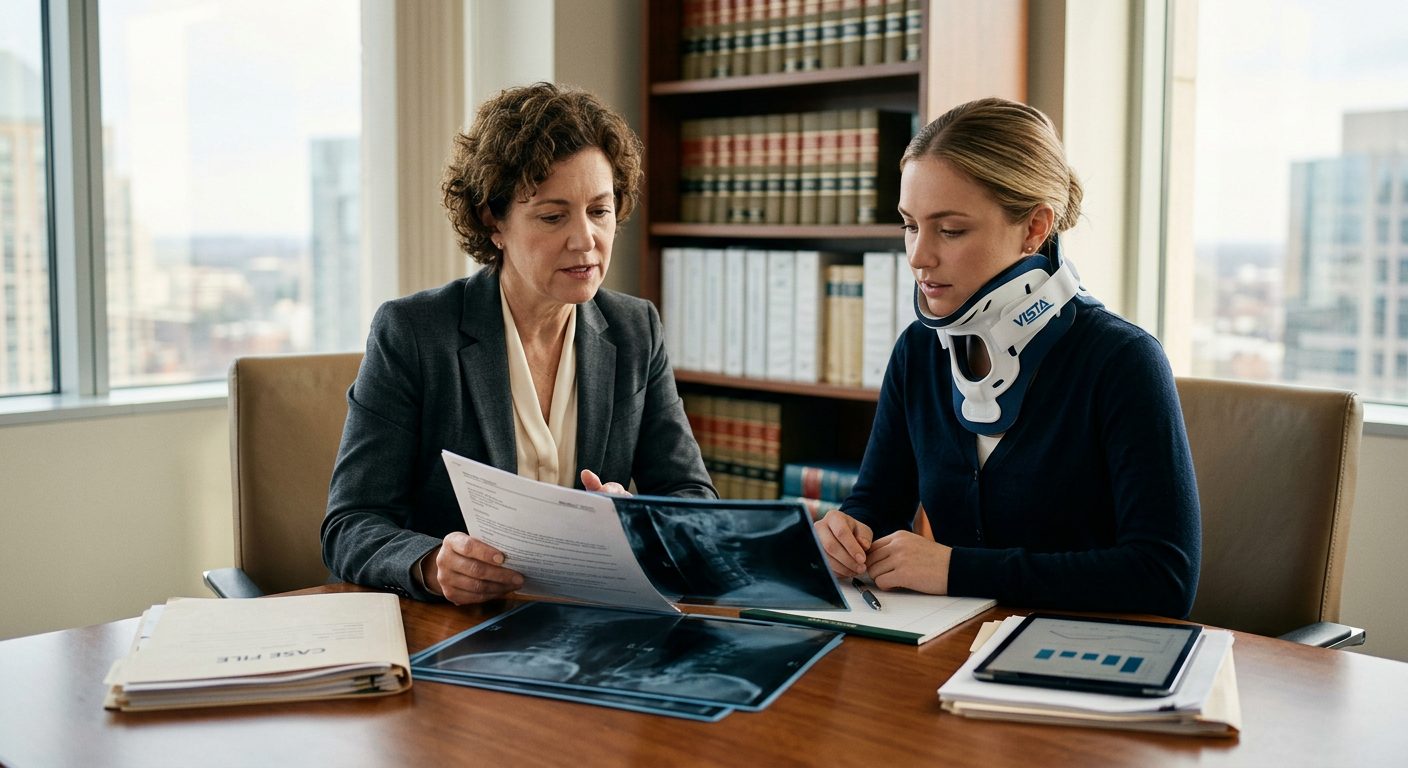 Person in neck collar reviewing spine X-rays with a spinal surgeon during consultation.