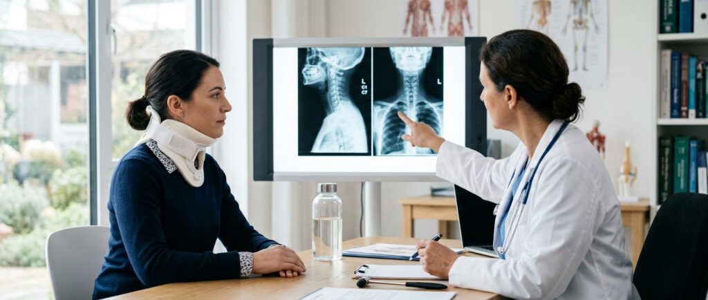 Person in neck collar reviewing spine X-rays with a spinal surgeon during consultation.