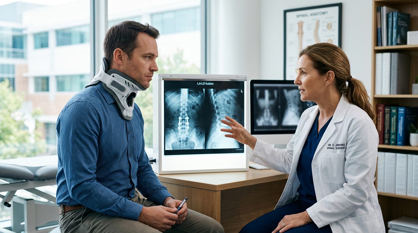 Person in neck collar reviewing spine X-rays with a spinal surgeon during consultation.