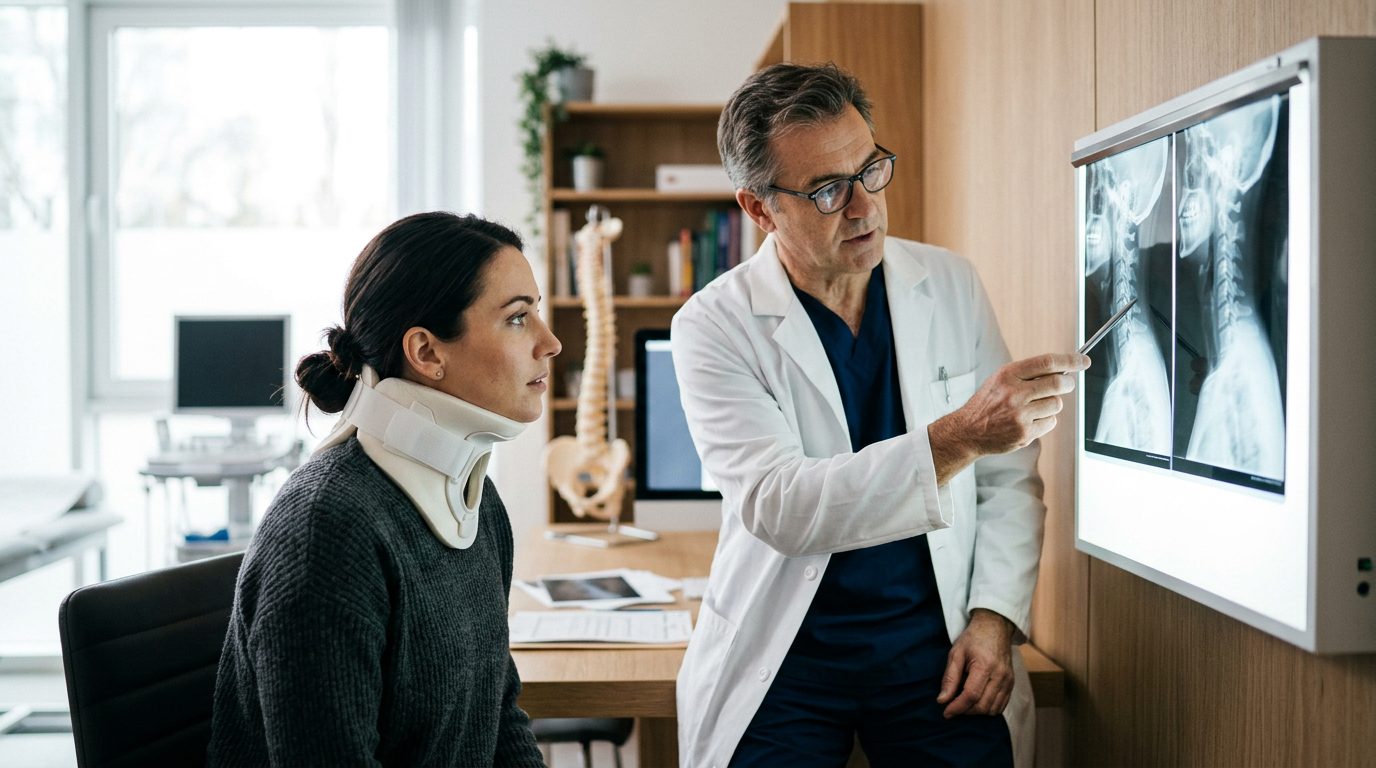 Person in neck collar reviewing spine X-rays with a spinal surgeon in consultation room.