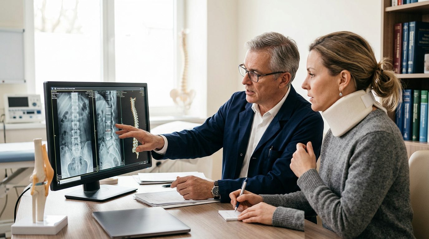Person in neck collar reviewing spine X-rays with a spinal surgeon during consultation.