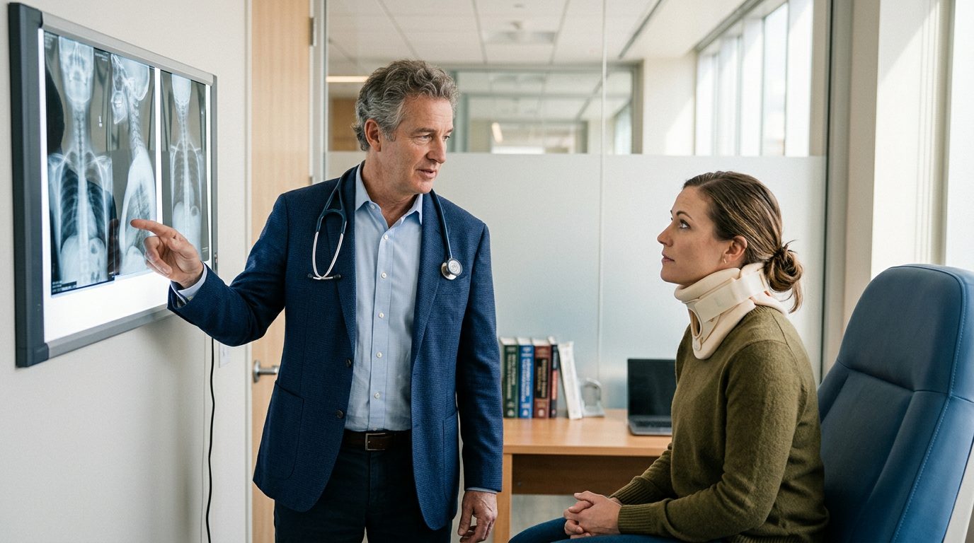 Person in neck collar reviewing spine X-rays with a spinal surgeon during consultation.