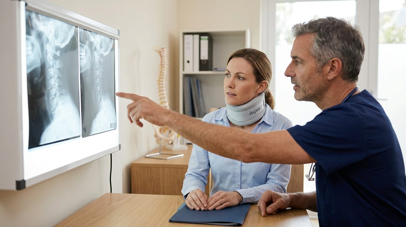 Person in neck collar reviewing spine X-rays with a surgeon during consultation.
