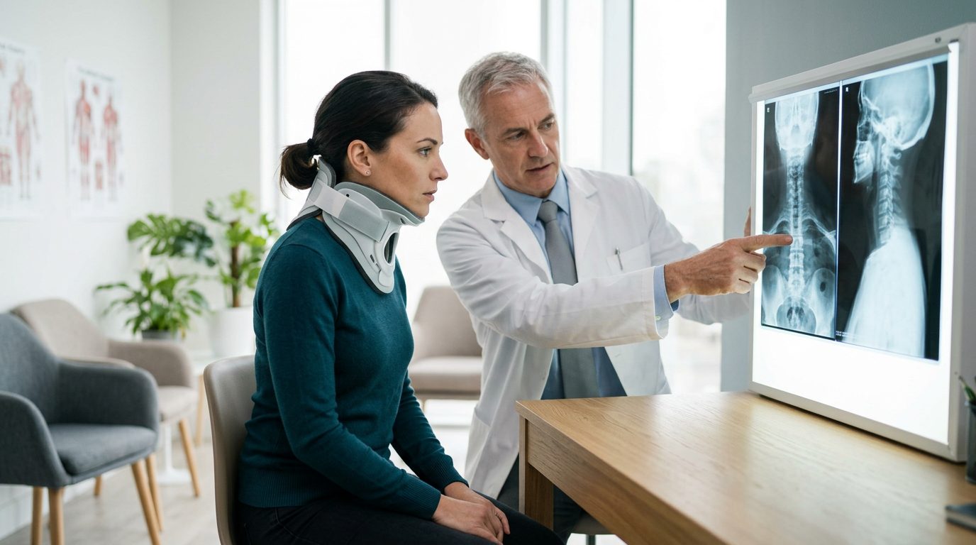 Person in neck collar reviewing spine X-rays with spinal surgeon during consultation.