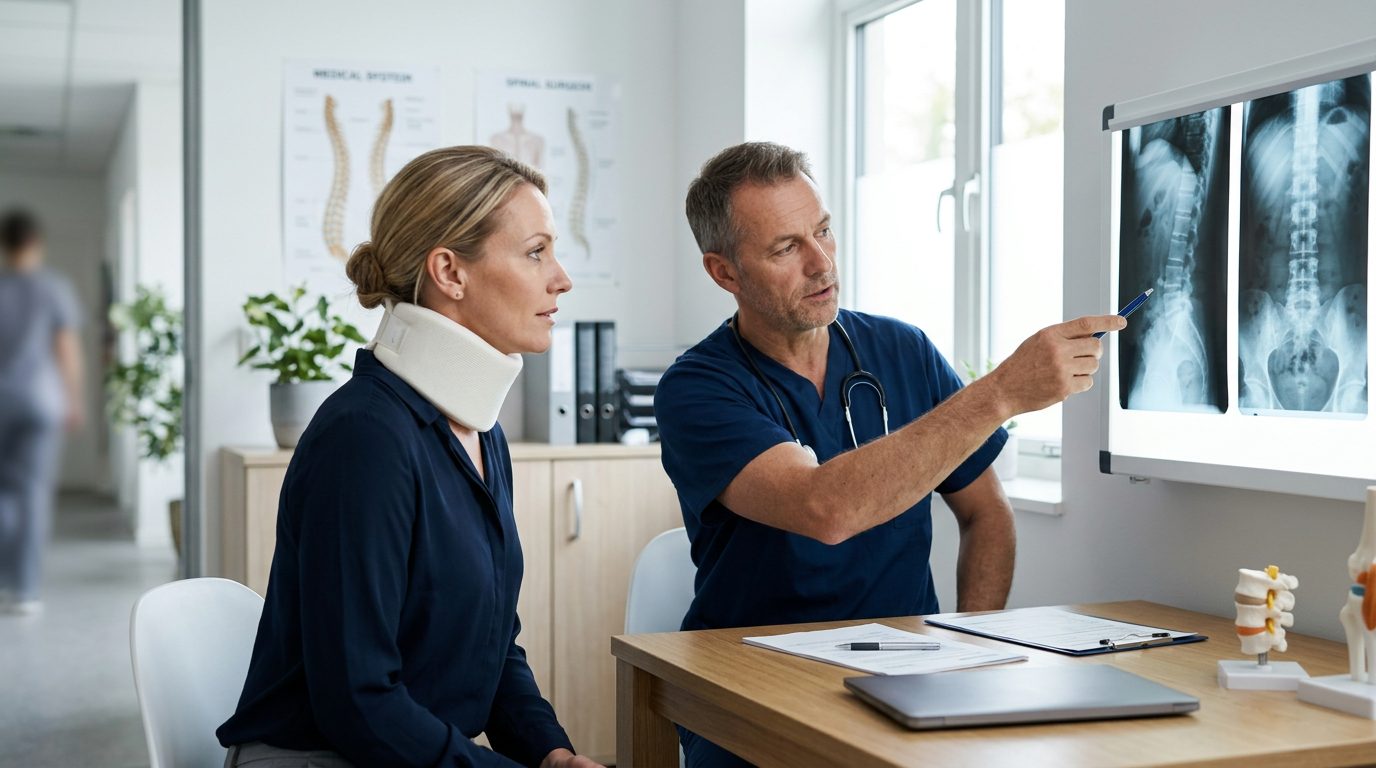 Person in neck collar reviewing spine X-rays with spinal surgeon during consultation.