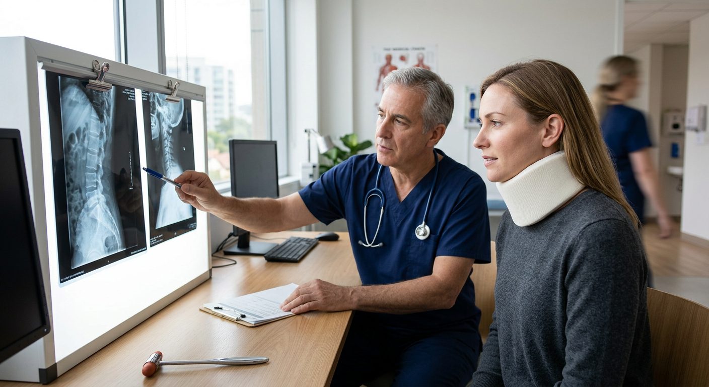 Person in neck collar reviewing spine X-rays with spinal surgeon during consultation.