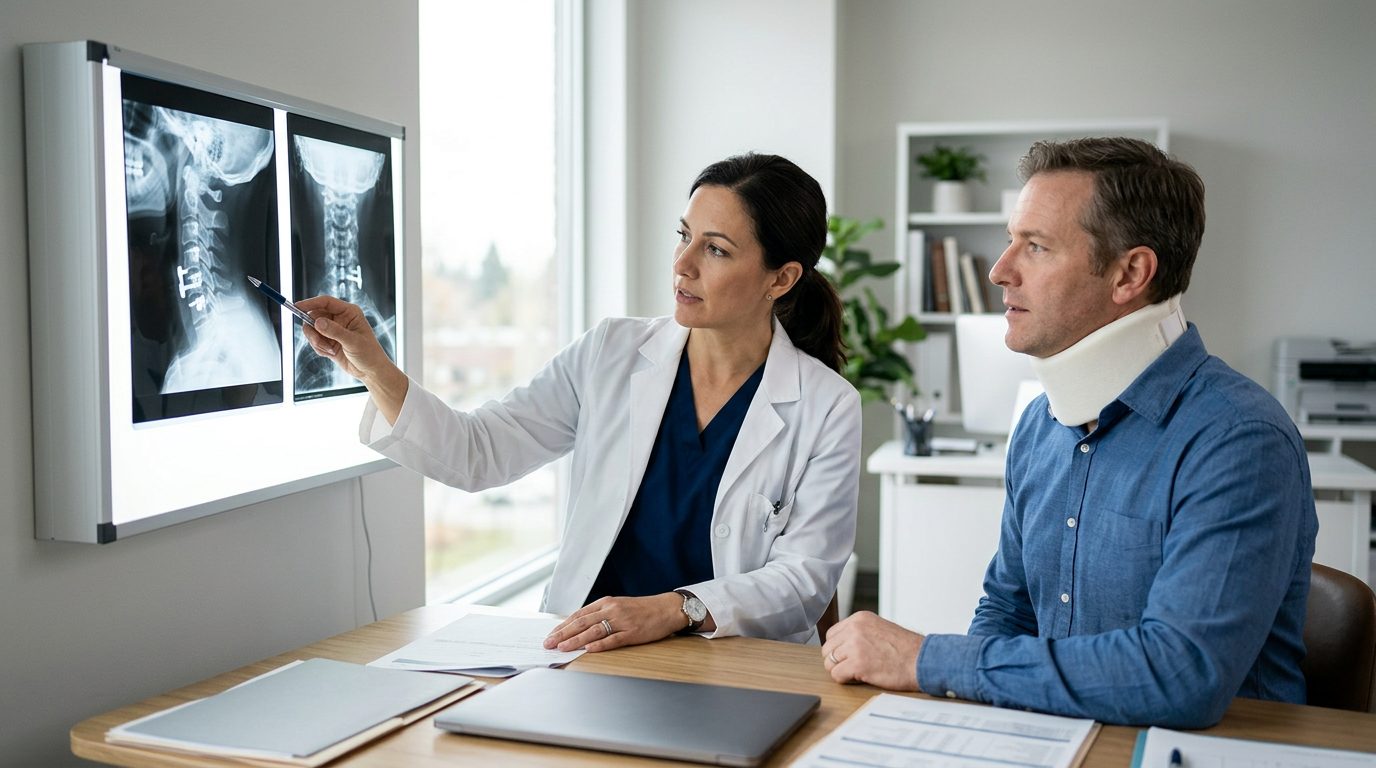 Person in neck collar reviewing spine X-rays with spinal surgeon during consultation.