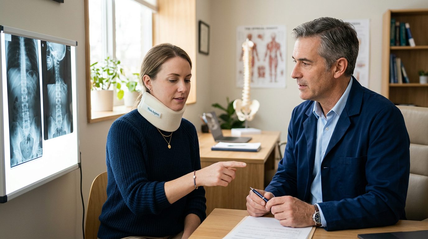 Person in neck collar reviewing spine X-rays with spinal surgeon in consultation room.