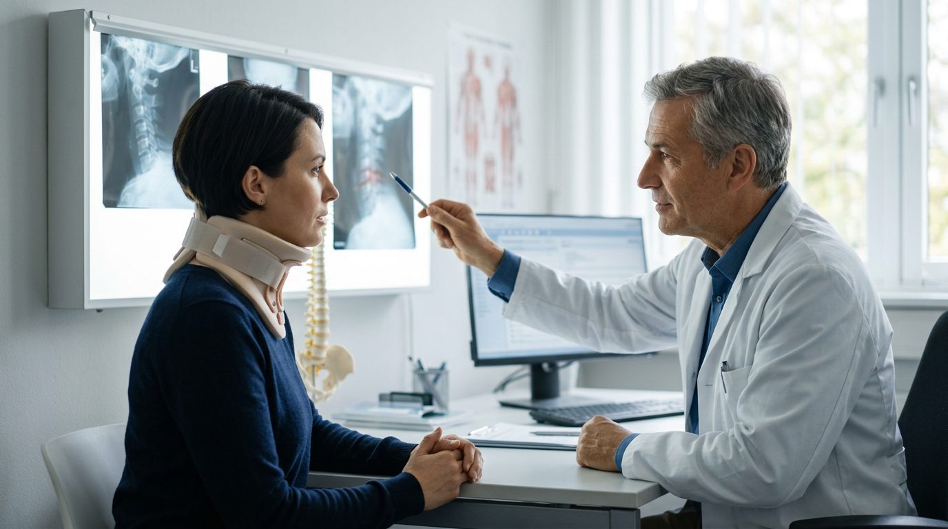Person in neck collar reviewing spine X-rays with spinal surgeon during consultation.