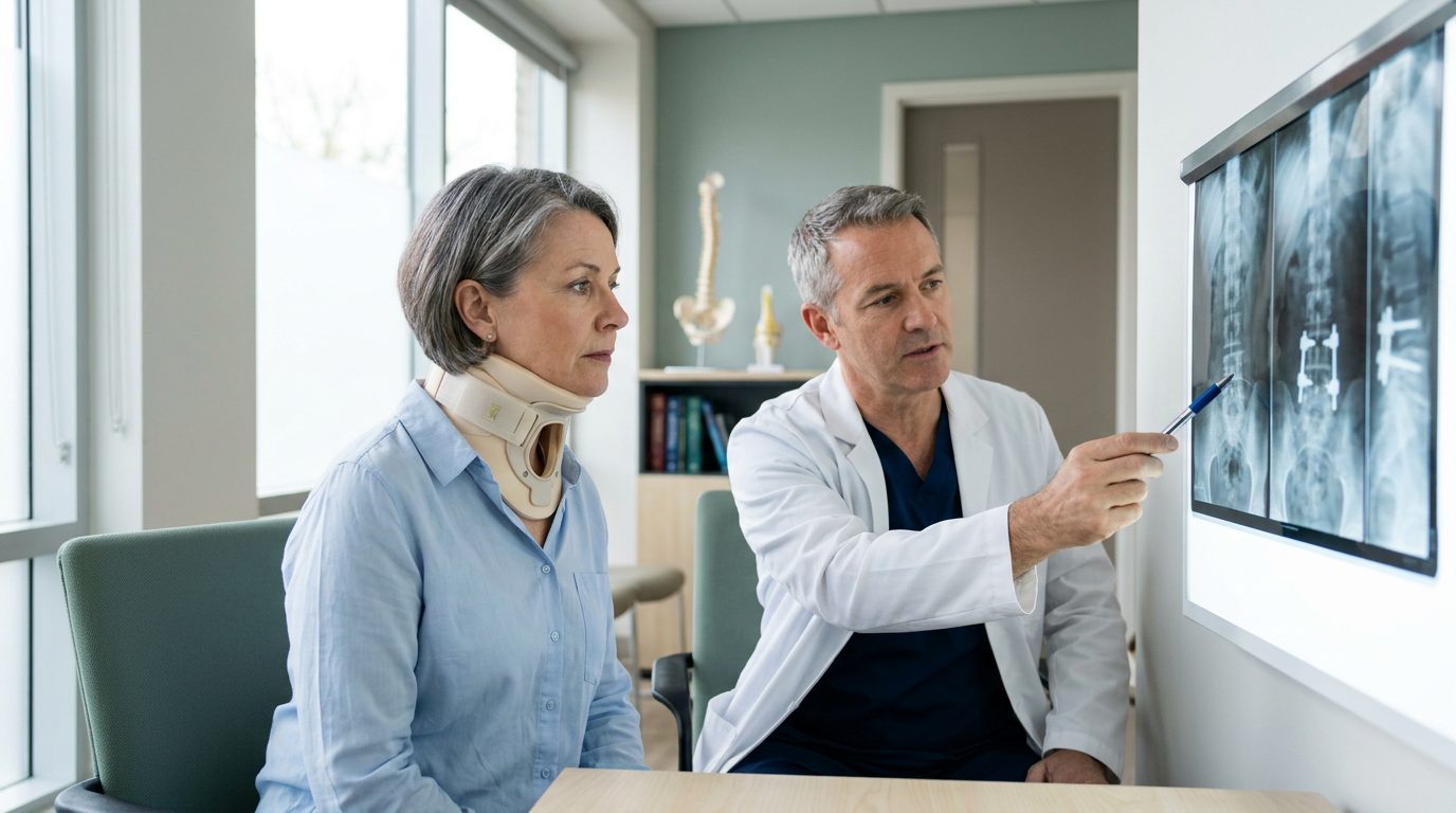 Person in neck collar reviewing spine X-rays with surgeon during consultation.