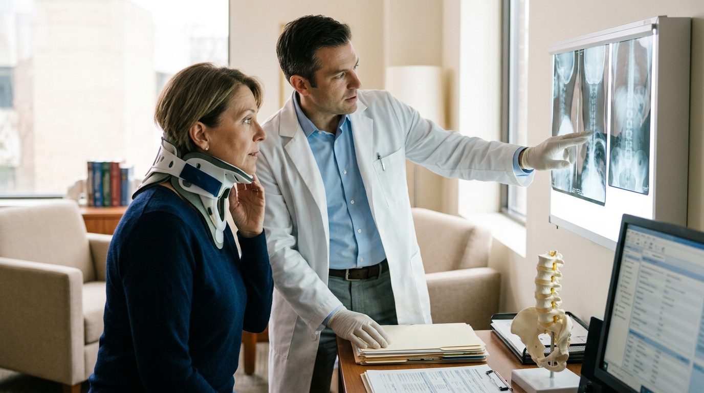 Person in neck collar reviewing spine X-rays with surgeon during consultation.