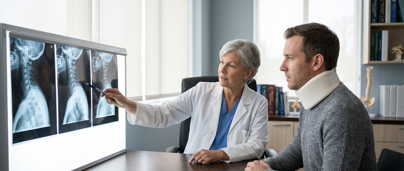 Person in neck collar reviewing spine X-rays with surgeon in consultation room.