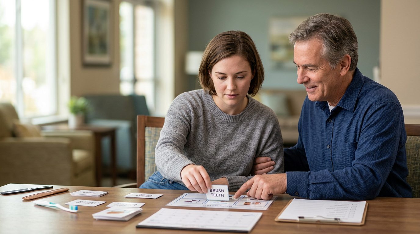 Person in rehabilitation session with caregiver practicing daily routines after traumatic brain injury.