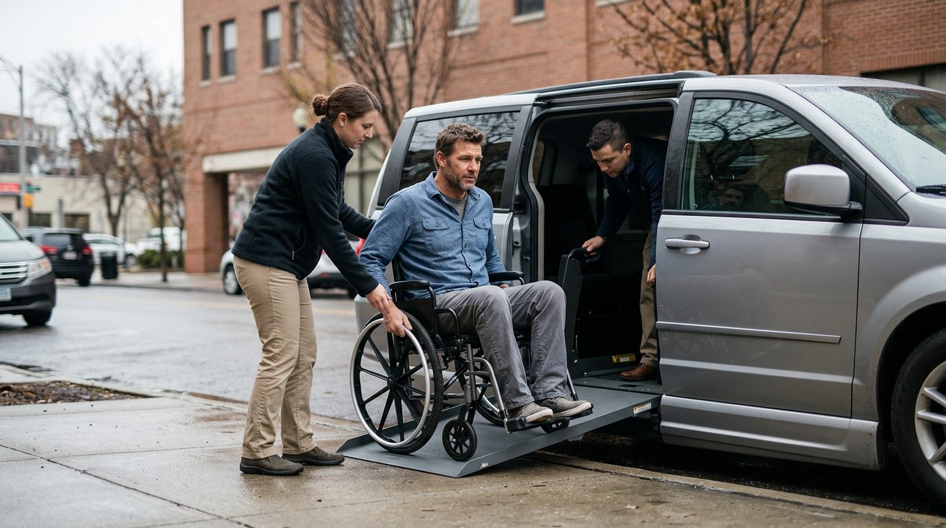 Person in wheelchair being assisted into an adapted vehicle after a rideshare accident.