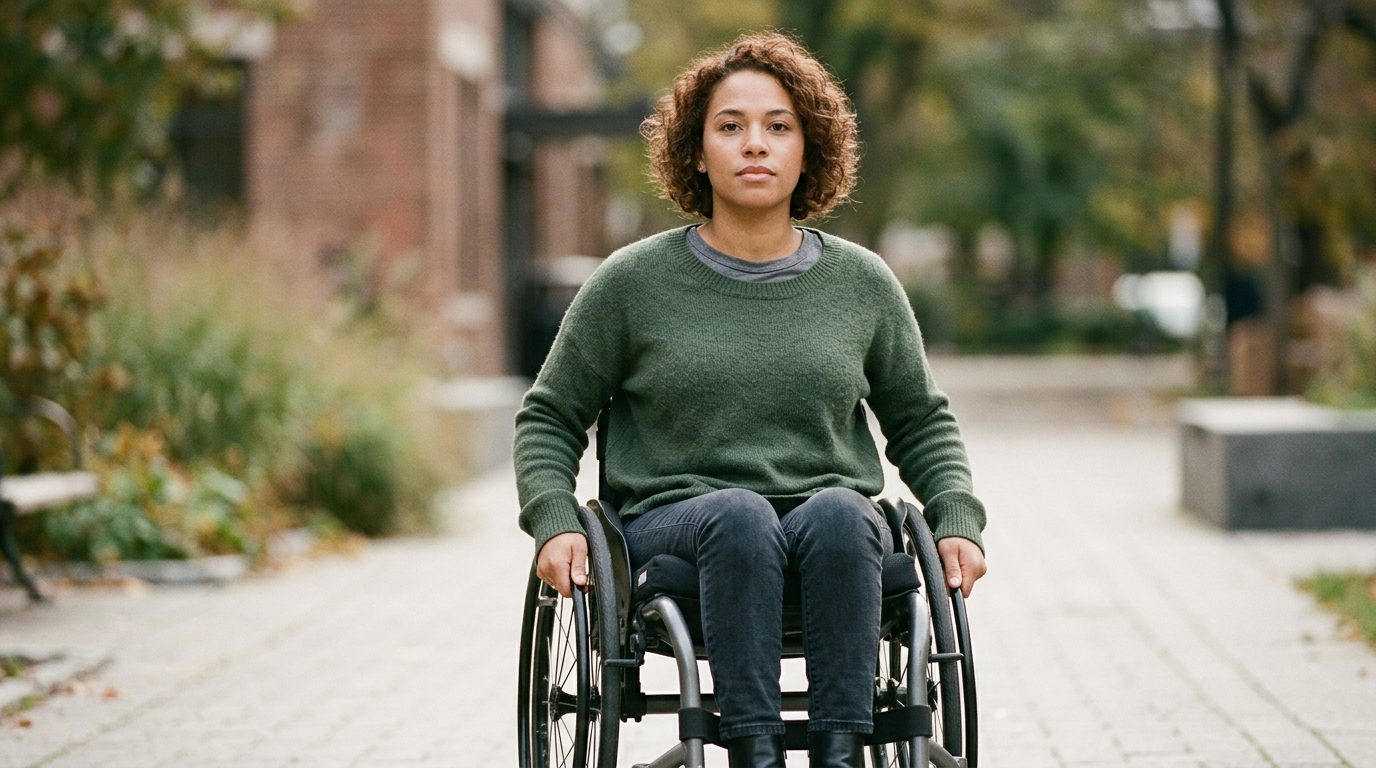 Person in wheelchair looking forward with determined expression.