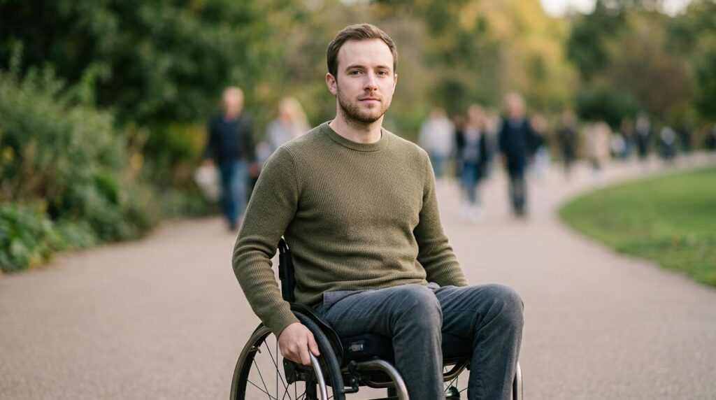 Person in wheelchair looking forward with determined expression.