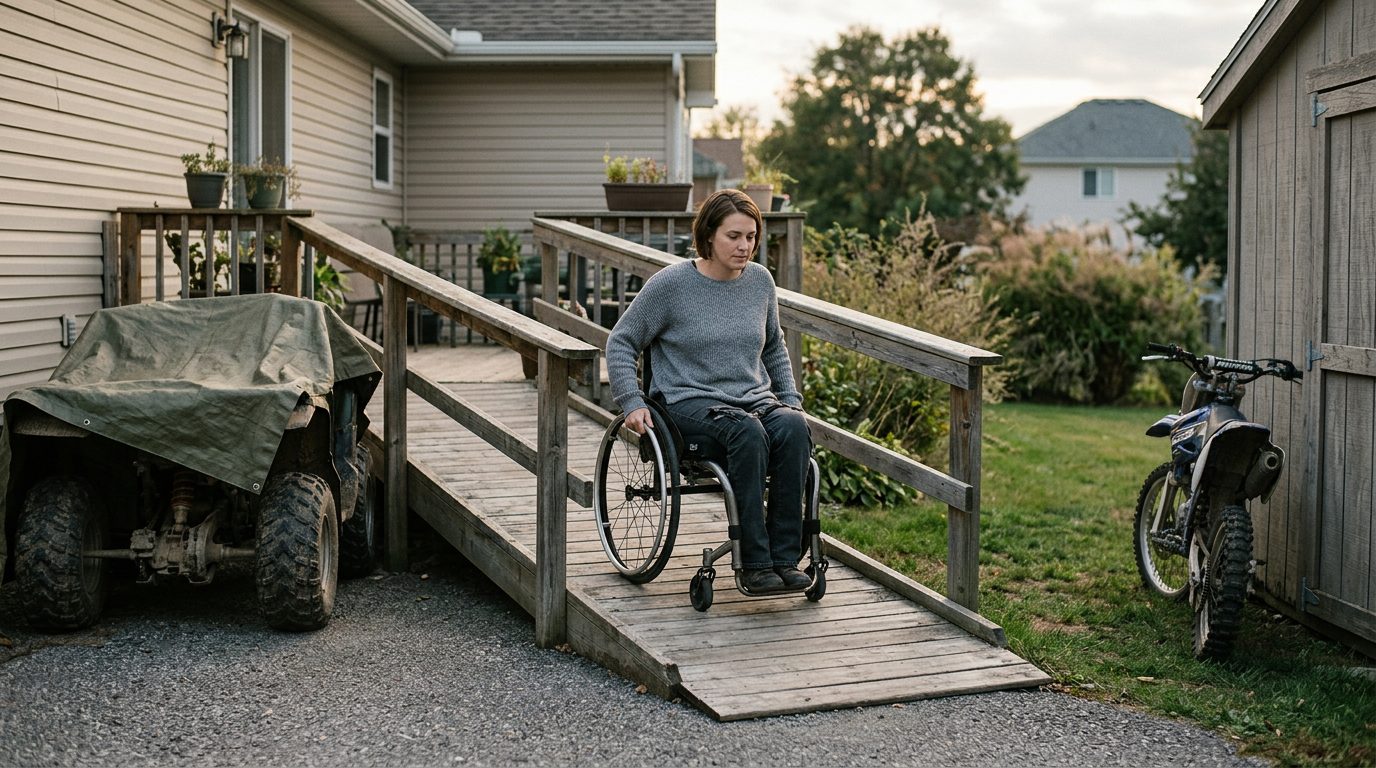 Person in wheelchair on accessible ramp next to stored off-road equipment after ATV crash.