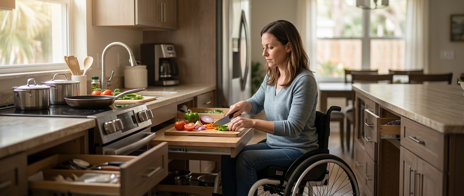Person in wheelchair preparing a meal in an accessible kitchen.