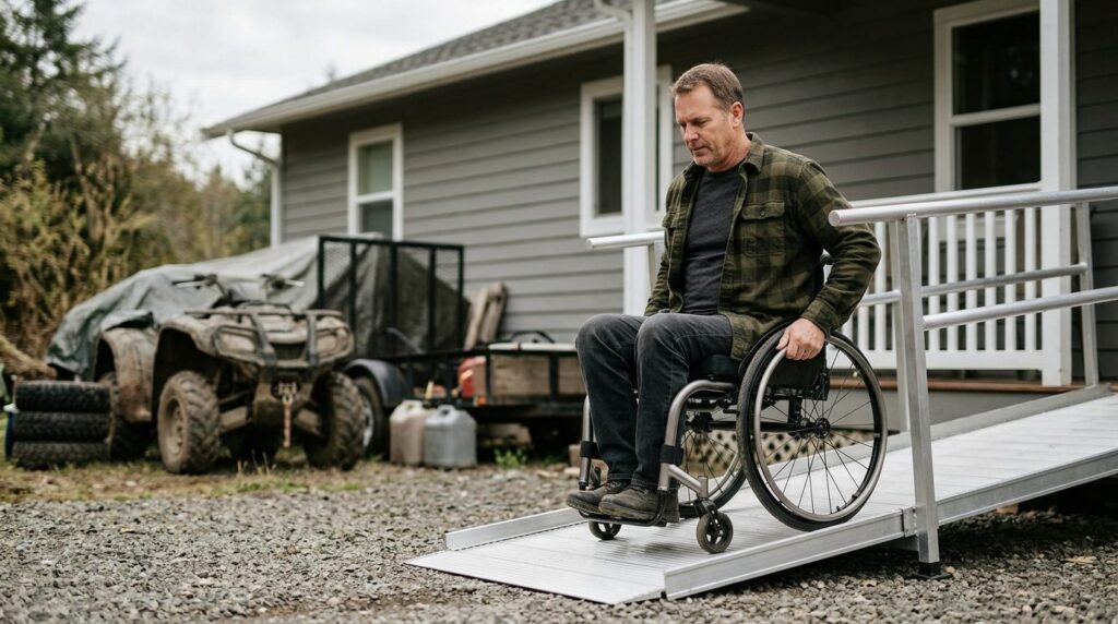 Person in wheelchair using accessible ramp at home after ATV accident.