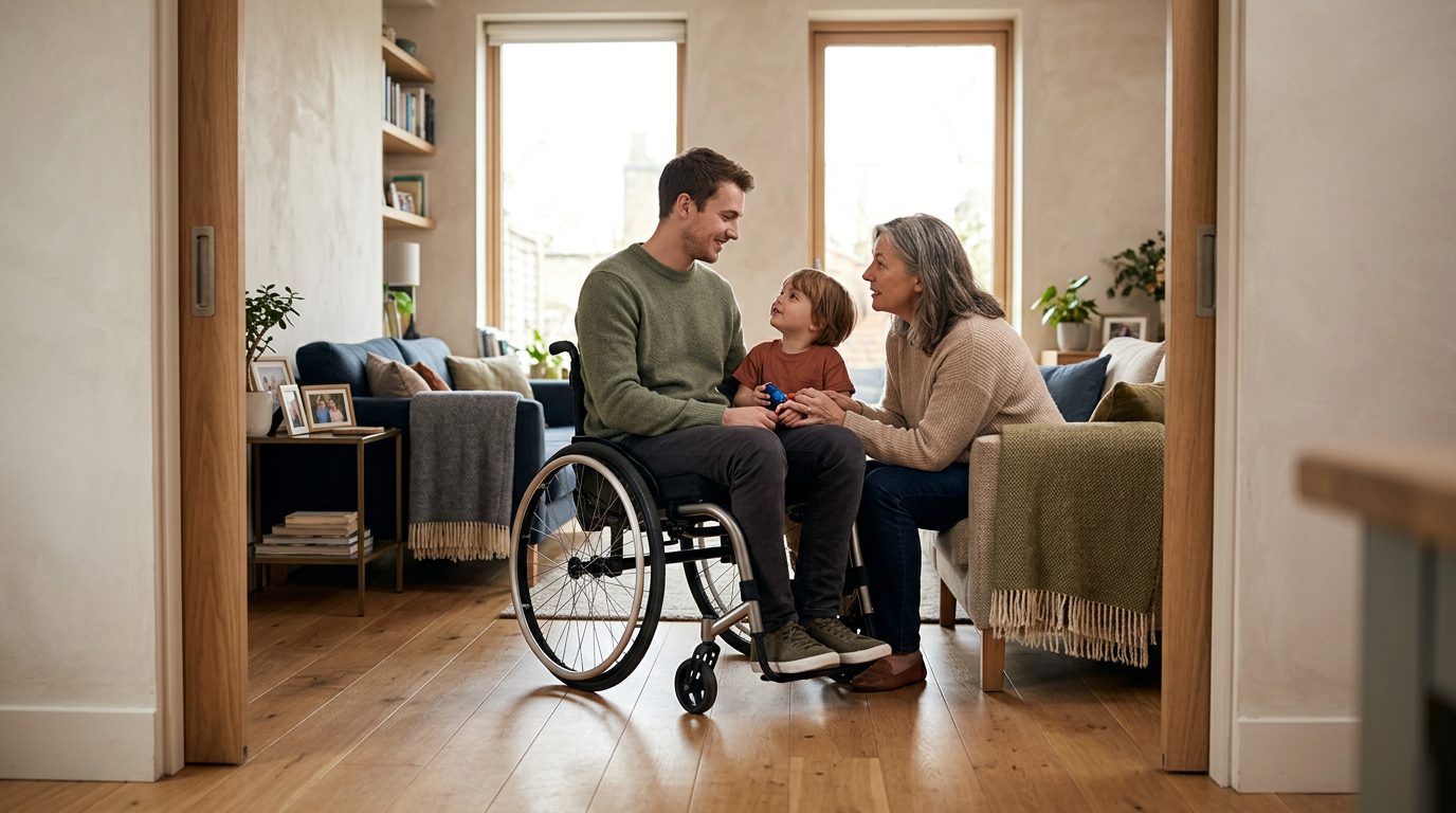 Person in wheelchair with family in accessible home interior.