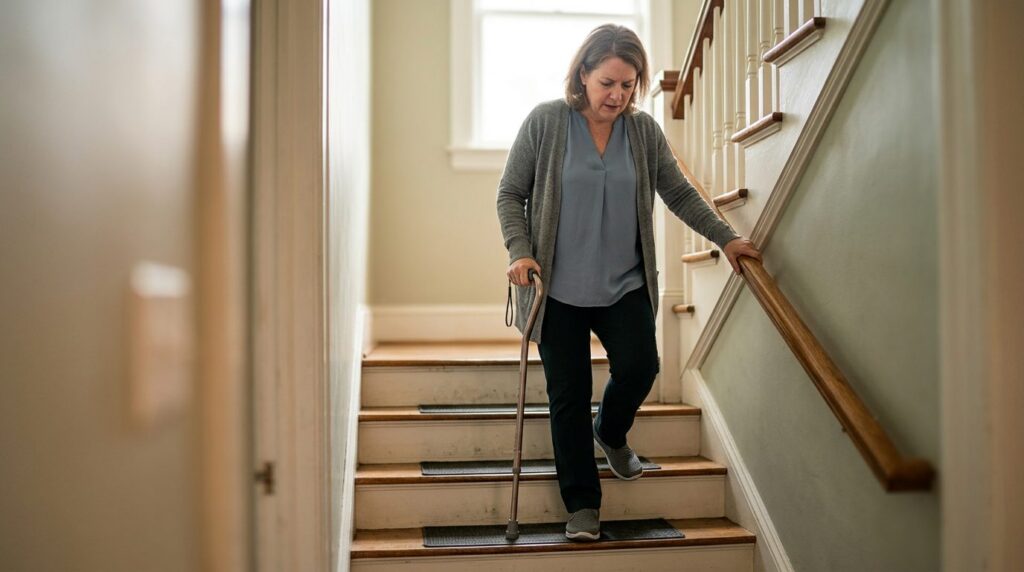 Person using a cane and handrail on stairs during slip-and-fall injury recovery.