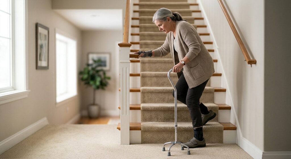 Person using a cane and handrail on stairs during slip-and-fall injury recovery.