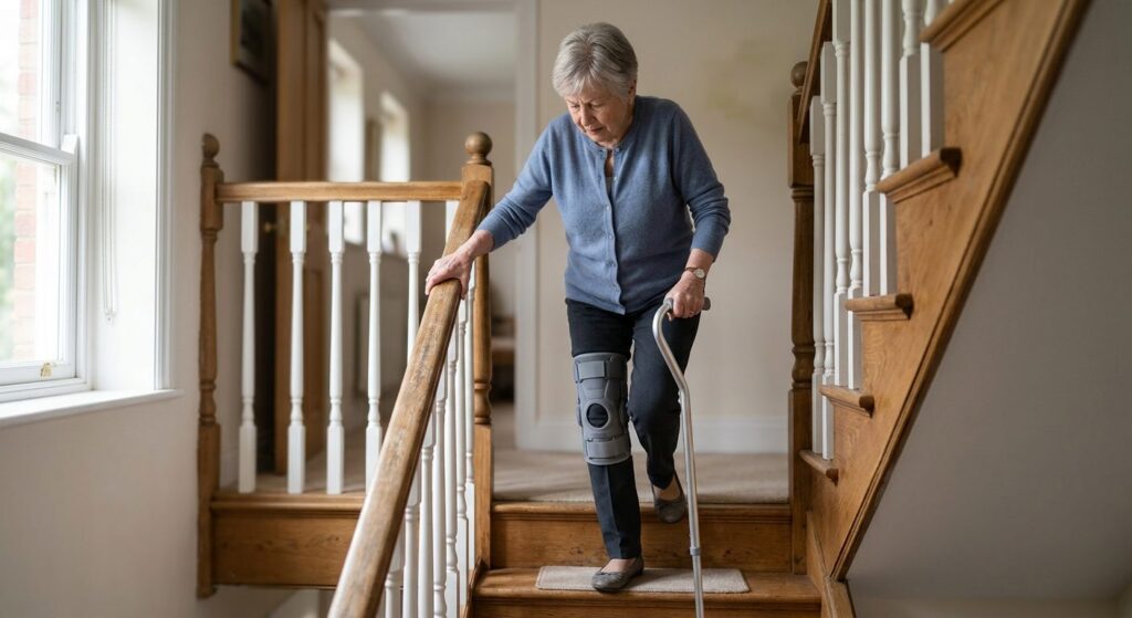 Person using a cane and handrail on stairs during slip-and-fall injury recovery.