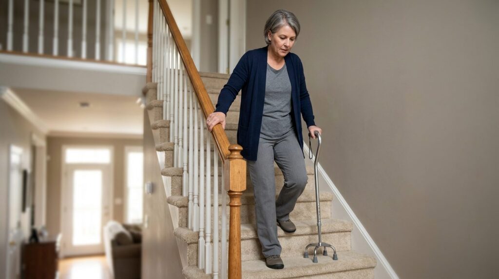Person using a cane and handrail while descending stairs during slip-and-fall injury recovery.
